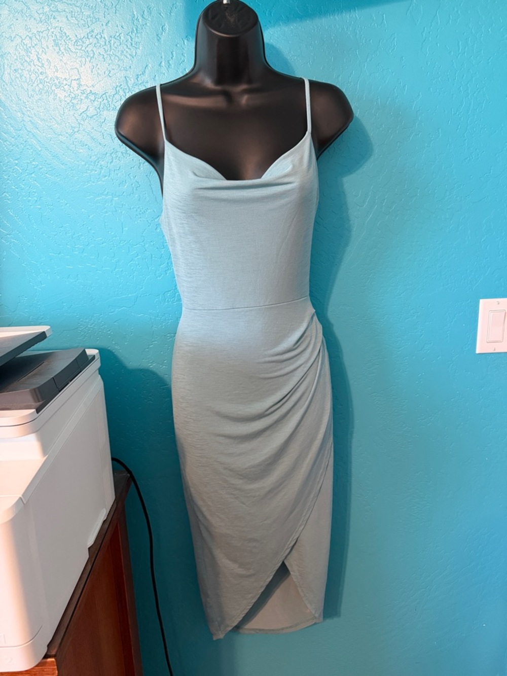 Cowl Neck Spaghetti Strap Midi Dress in Light Blue